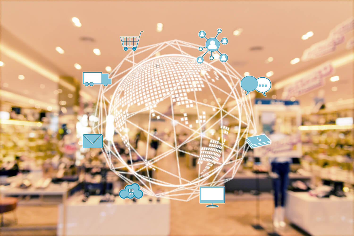 Icons illustrating omnichannel readiness over a photo of a store